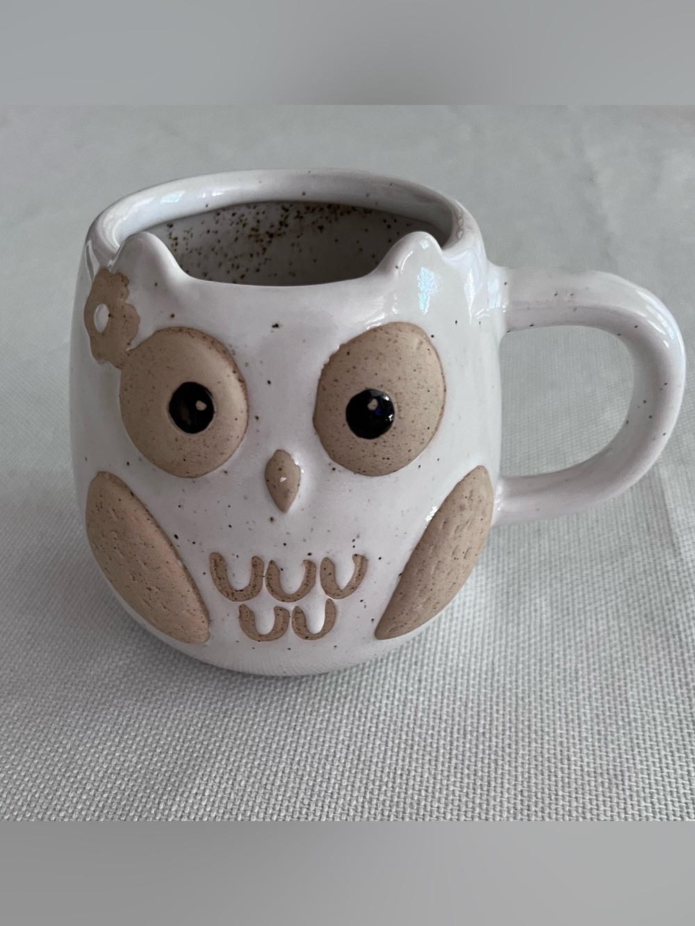 Sunday Morning Ceramic Owl Mug in Speckled White and Tan